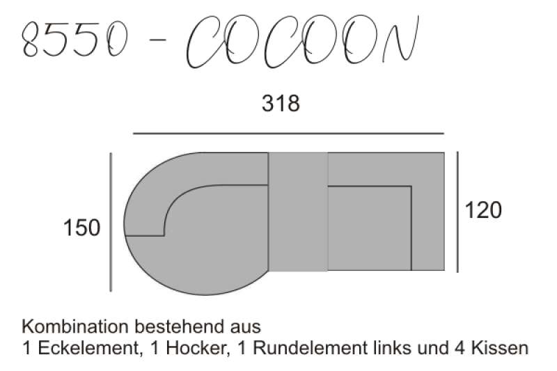 yoko-home Sofa COCOON - Rundelement links, Hocker und Eckelement mit 4 Kissen