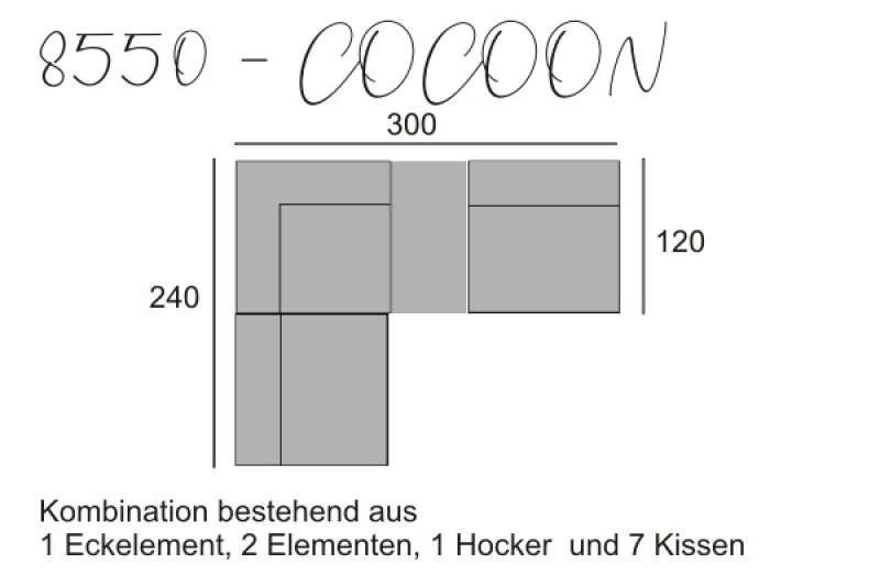 yoko-home Sofa COCOON - 2 Elemente,1 Eckelement und Hocker mit 6 Kissen