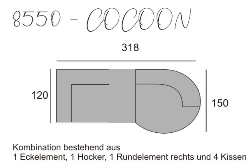 yoko-home Sofa COCOON - Eckelement, Hocker und Rundelement rechts mit 4 Kissen