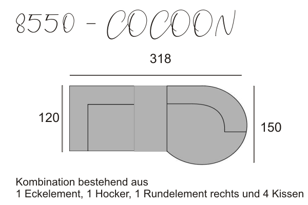 Eckelement, Hocker und Rundelement mit Kissen