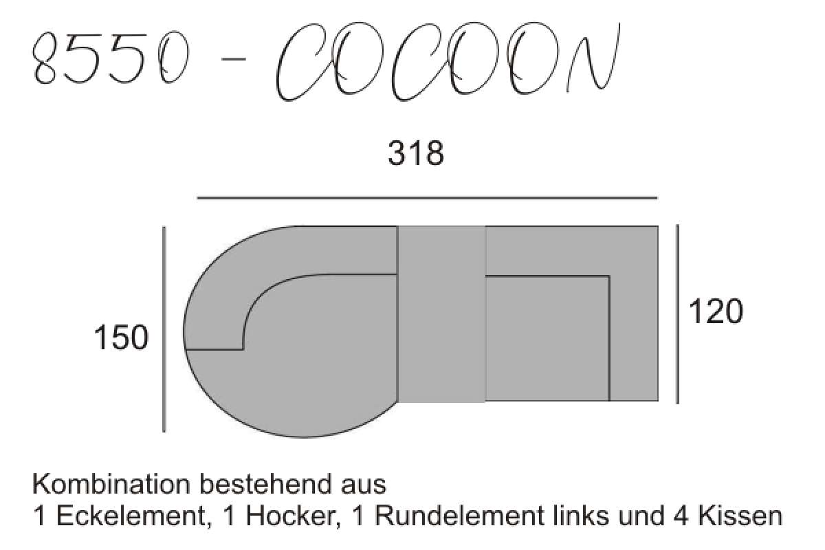 yoko-home Sofa COCOON - Rundelement links, Hocker und Eckelement mit 4 Kissen