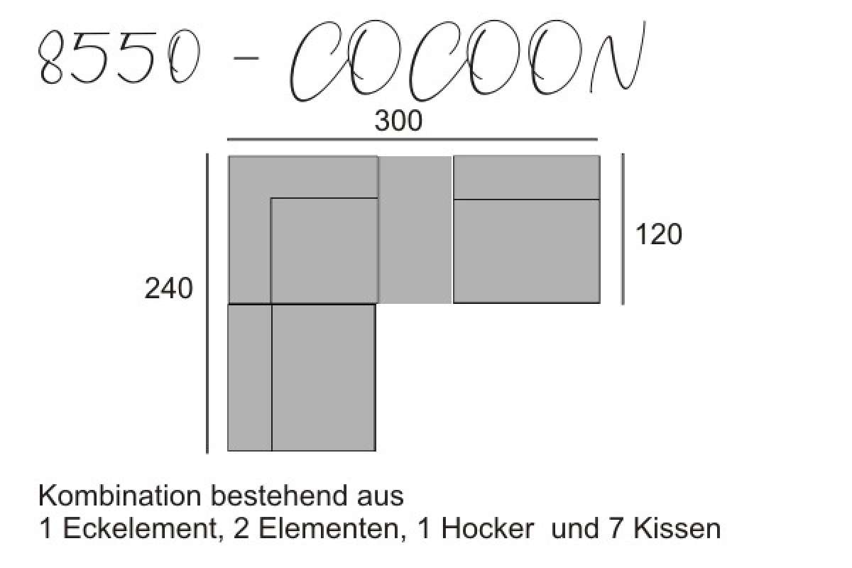 yoko-home Sofa COCOON - 2 Elemente,1 Eckelement und Hocker mit 6 Kissen